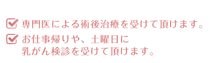 専門医による術後治療を受けて頂けます。お仕事帰りや、土曜日に乳がん検診を受けて頂けます。